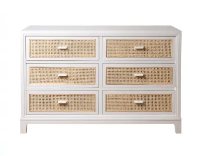 Cómoda de dormitorio de madera y fibra trenzada 136 x 46 x 84 cm - blanco lino y natural claro - para almacenaje doméstico y apoyo decorativo - estilo costero contemporáneo-Cottaupshop