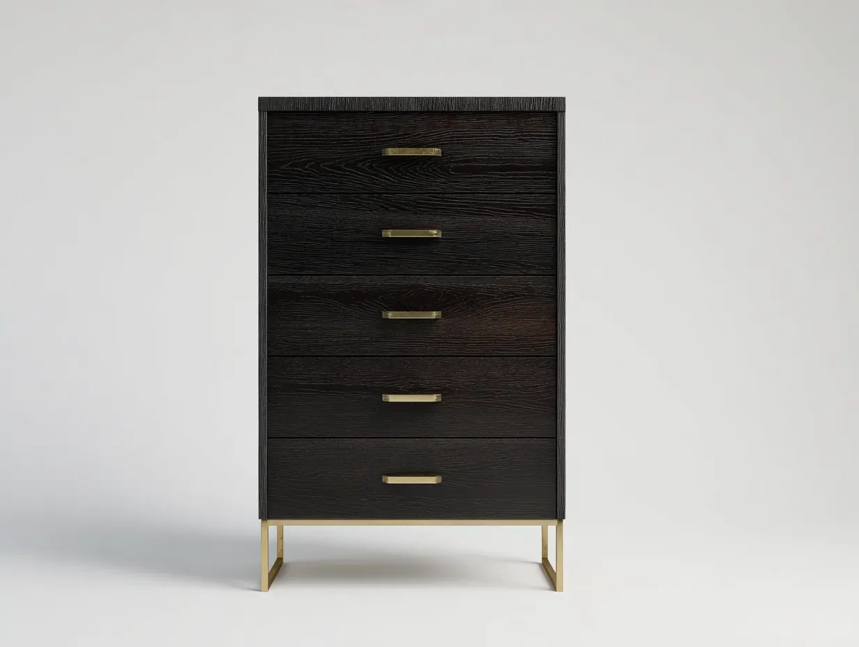 Cómoda alta de dormitorio de madera y metal 82 x 43 x 126 cm - negro espresso y dorado - para almacenaje vertical - estilo contemporáneo sobrio-Cottaupshop