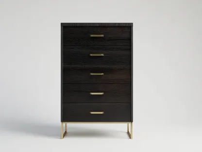 Cómoda alta de dormitorio de madera y metal 82 x 43 x 126 cm - negro espresso y dorado - para almacenaje vertical - estilo contemporáneo sobrio-Cottaupshop