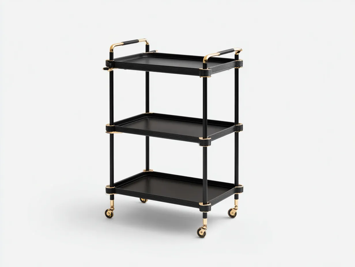 Carrito de cocina metálico 75x40x90 cm - negro y dorado - 3 estantes con ruedas-Cottaupshop