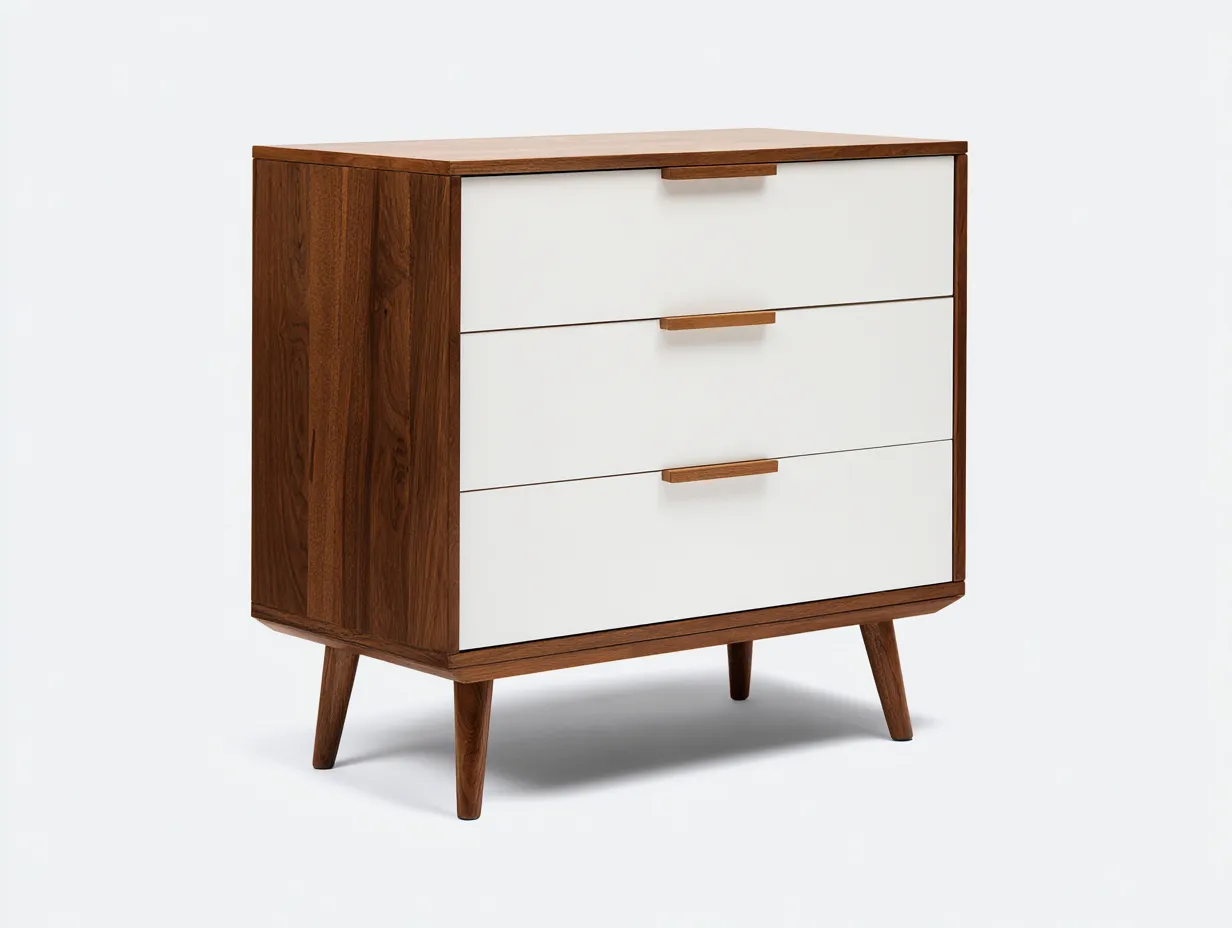 Cómoda auxiliar de dormitorio de madera 88 x 43 x 92 cm - nogal medio y blanco crema - para almacenaje doméstico - estilo mid-century moderno-Cottaupshop