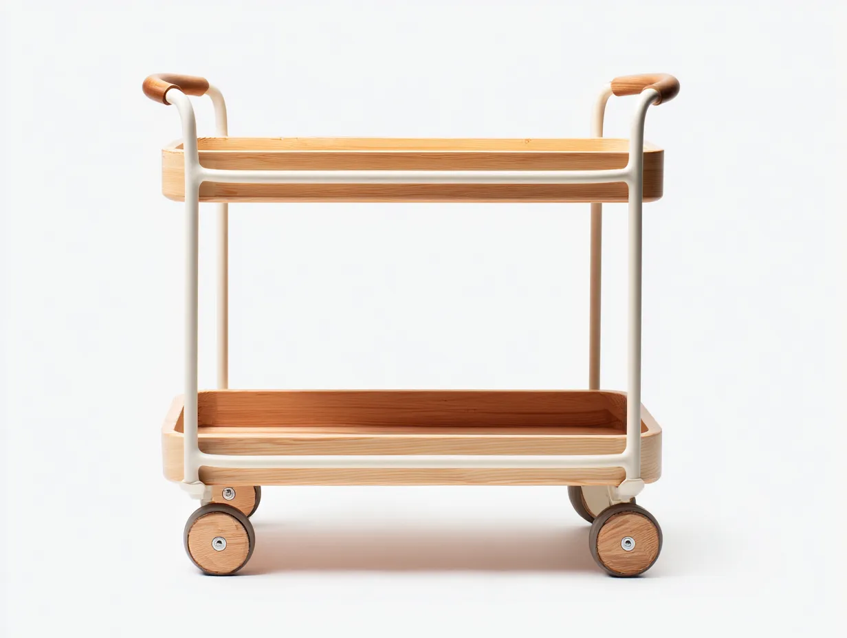 Carrito de cocina con estructura metálica 70x38x82 cm - blanco y madera natural - 2 bandejas y ruedas-Cottaupshop