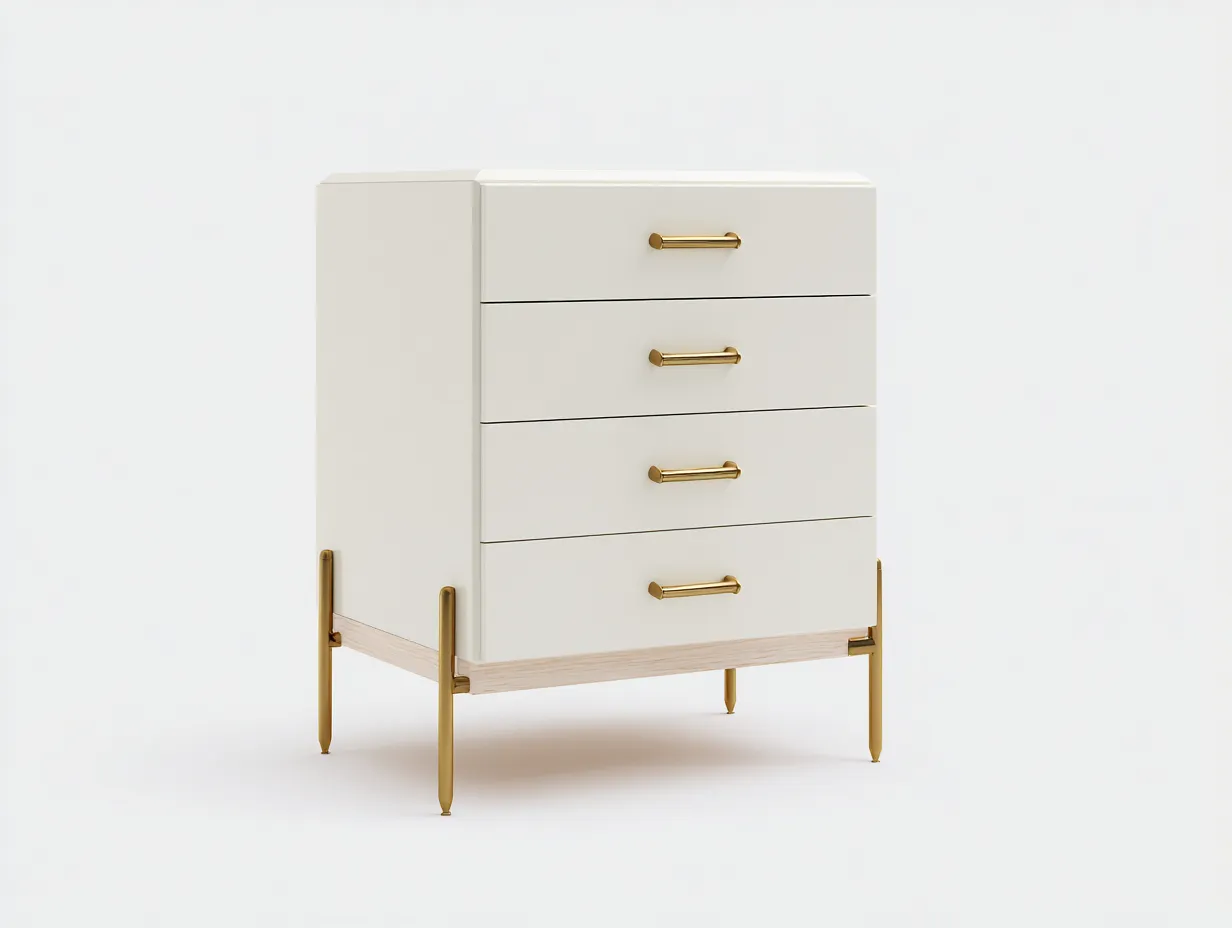 Cómoda auxiliar de dormitorio de madera y metal 82 x 44 x 102 cm - blanco roto y roble claro y dorado - para almacenaje interior - estilo contemporáneo refinado-Cottaupshop