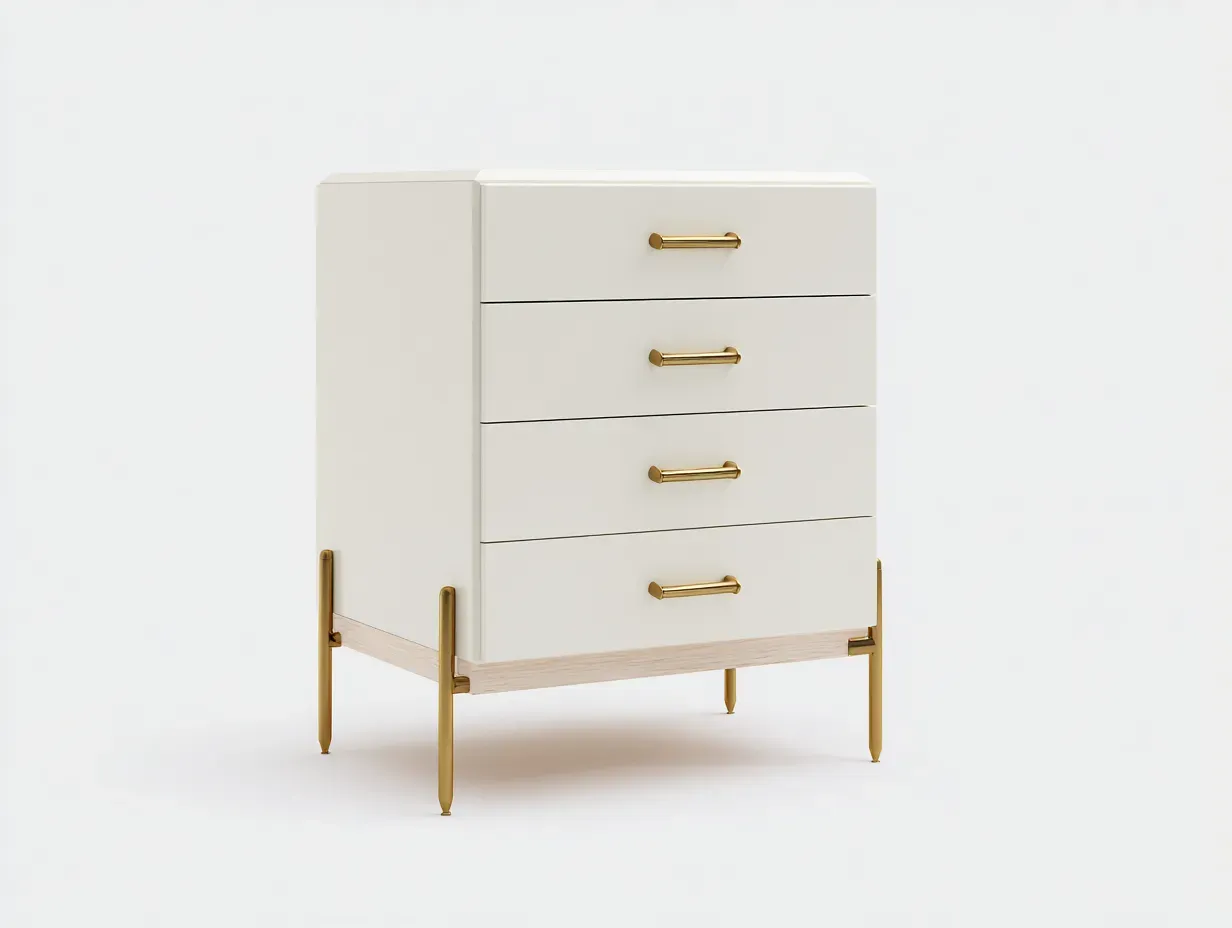 Cómoda auxiliar de dormitorio de madera y metal 82 x 44 x 102 cm - blanco roto y roble claro y dorado - para almacenaje interior - estilo contemporáneo refinado-Cottaupshop