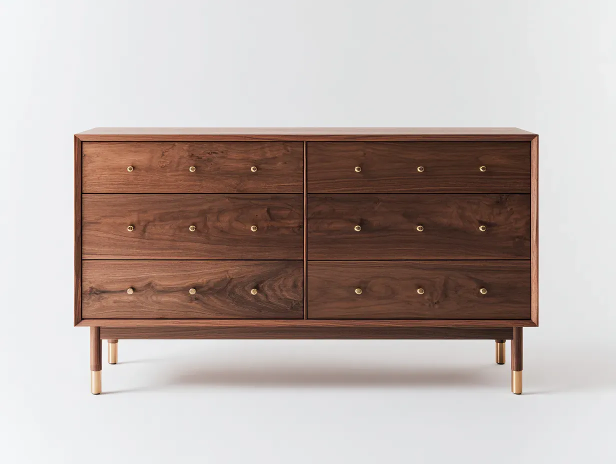 Cómoda amplia de dormitorio de madera 150 x 47 x 82 cm - nogal tostado y dorado satinado - para organización del hogar - estilo retro contemporáneo-Cottaupshop