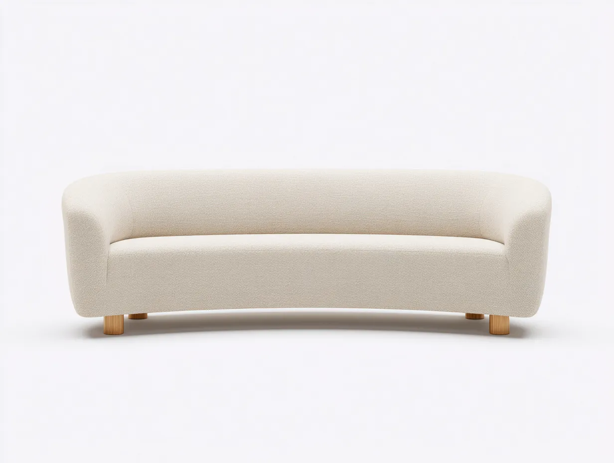 Sofá curvo de 3 plazas 198 x 88 x 76 cm - blanco crema - tapizado bouclé con patas de madera para salón-Cottaupshop