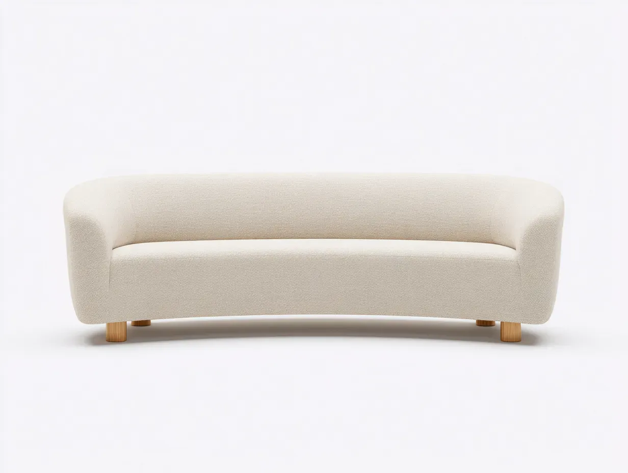 Sofá curvo de 3 plazas 198 x 88 x 76 cm - blanco crema - tapizado bouclé con patas de madera para salón-Cottaupshop