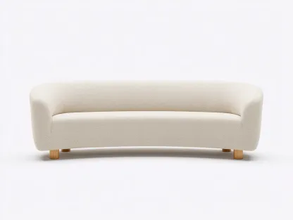 Sofá curvo de 3 plazas 198 x 88 x 76 cm - blanco crema - tapizado bouclé con patas de madera para salón-Cottaupshop