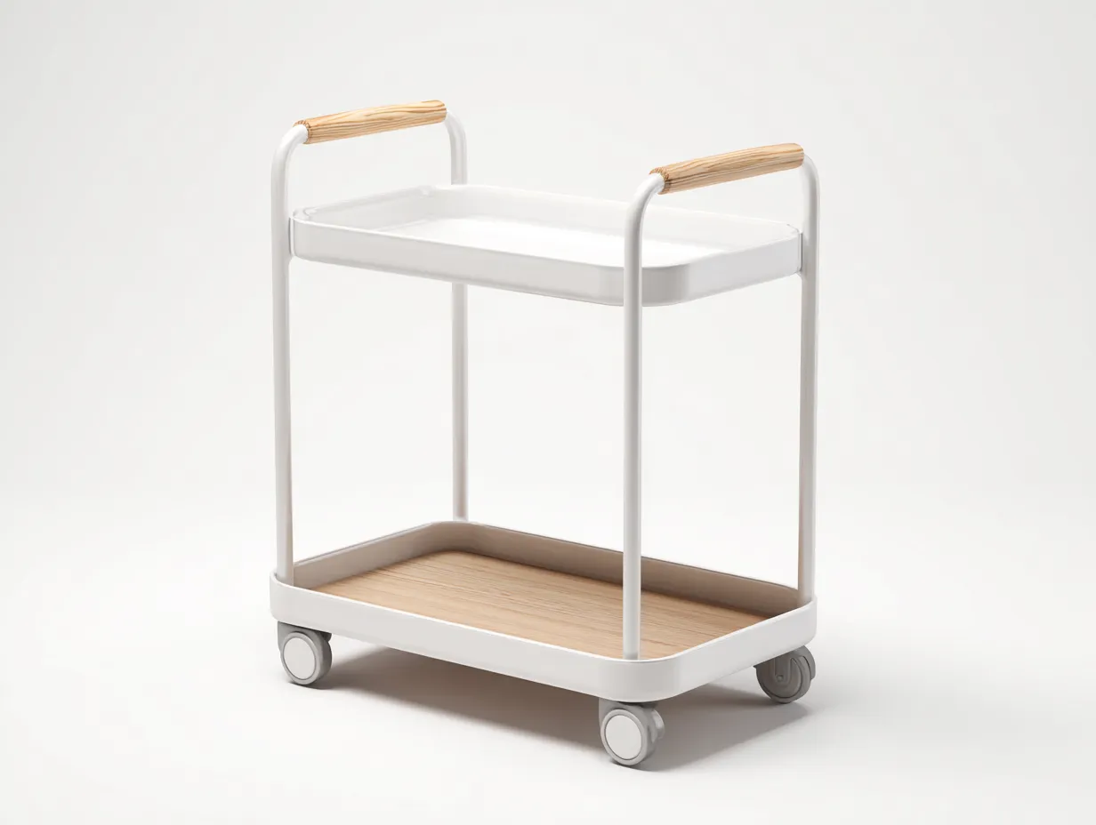 Carrito de cocina de metal 60x35x78 cm - blanco y madera natural - 2 niveles con ruedas-Cottaupshop