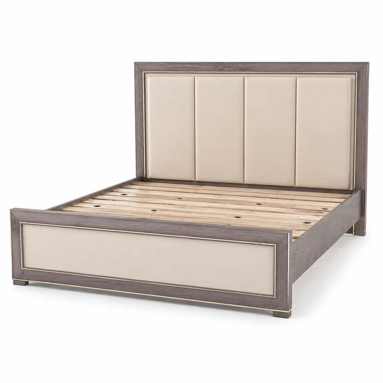 Letto matrimoniale in legno con testiera imbottita in similpelle beige