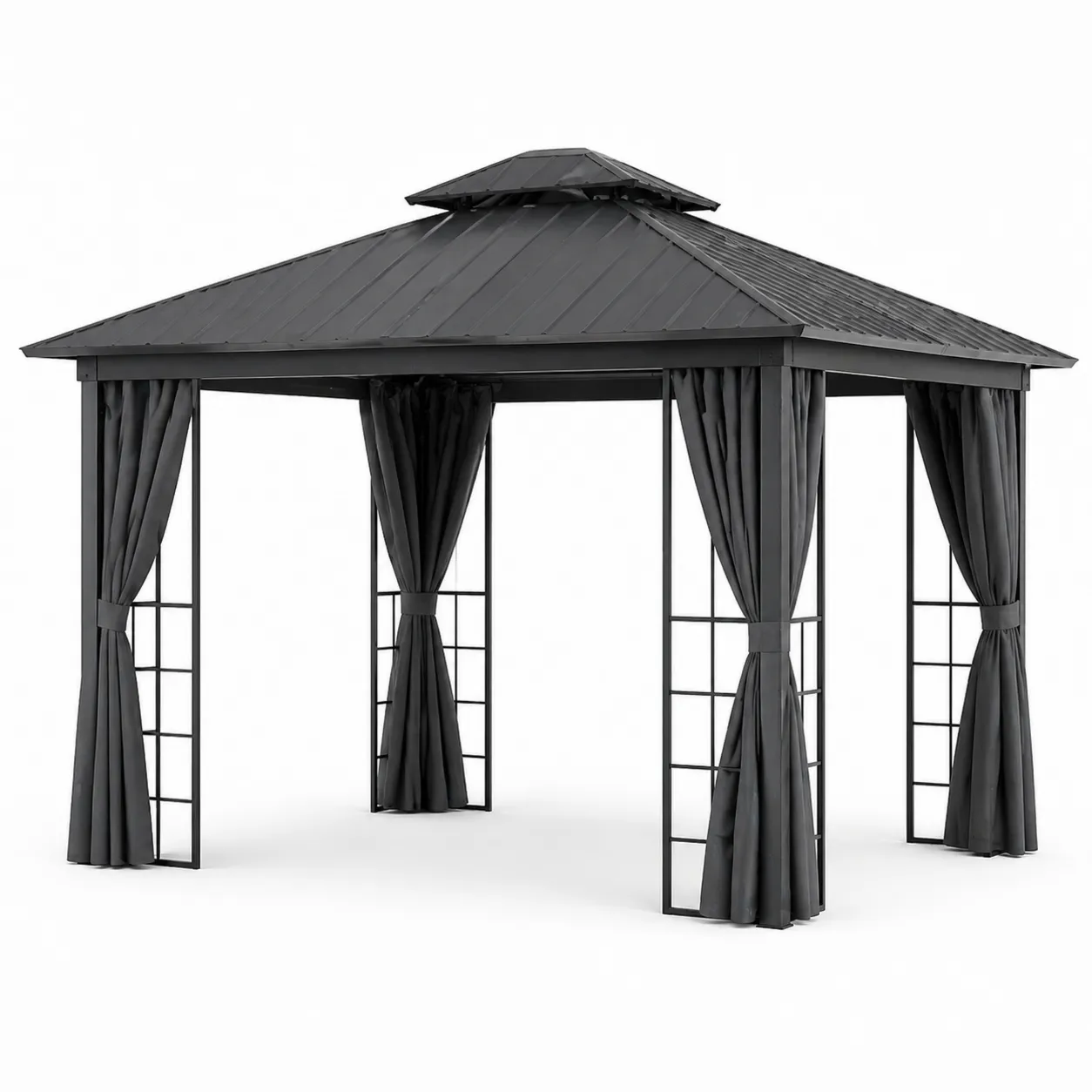 Gazebo da Giardino in Acciaio con Tetto in Metallo e Tendaggi in Poliestere Grigi