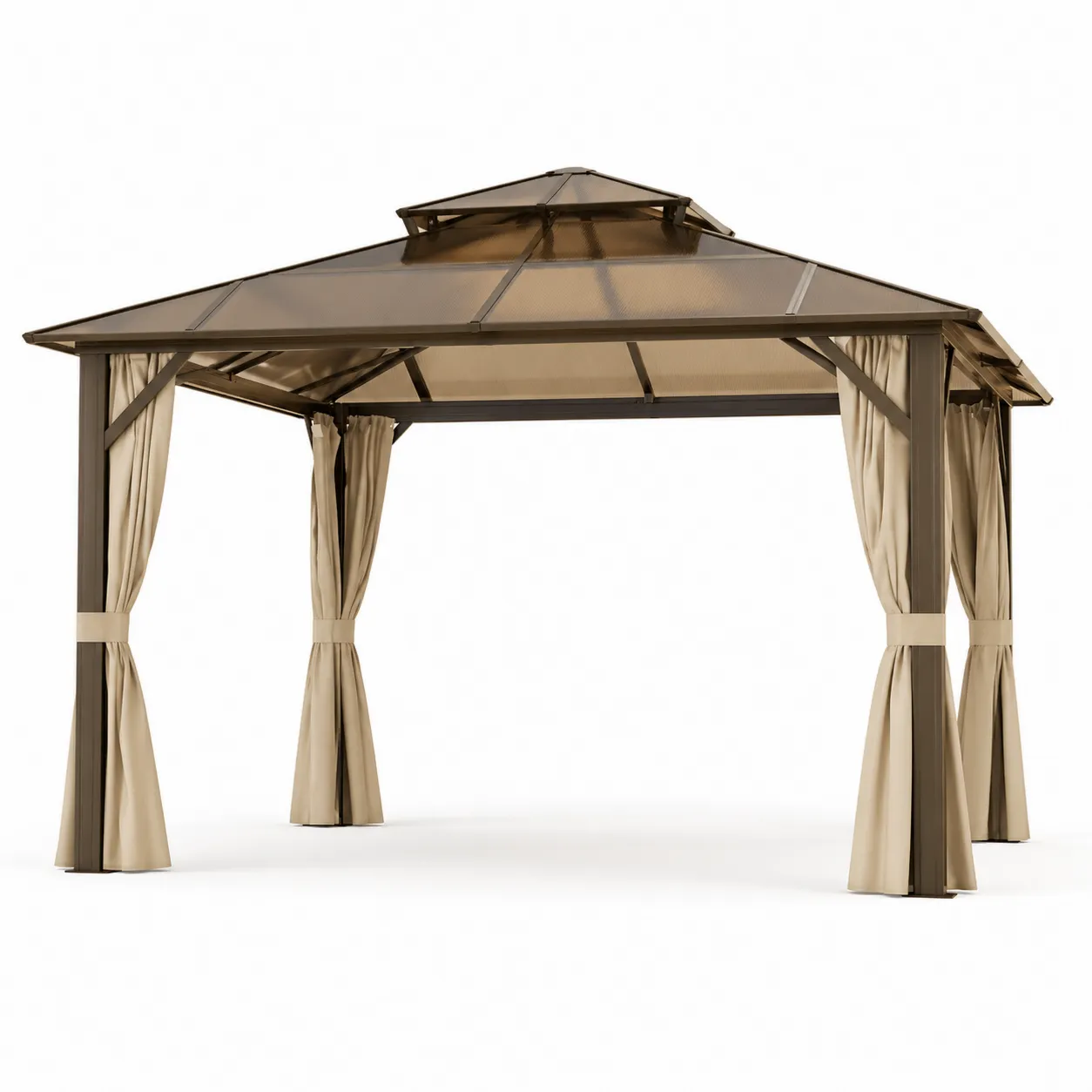 Gazebo in metallo con tetto in policarbonato e tende in poliestere beige