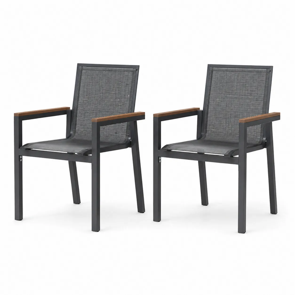 Set di 2 sedie da giardino in metallo e legno, tessuto grigio scuro