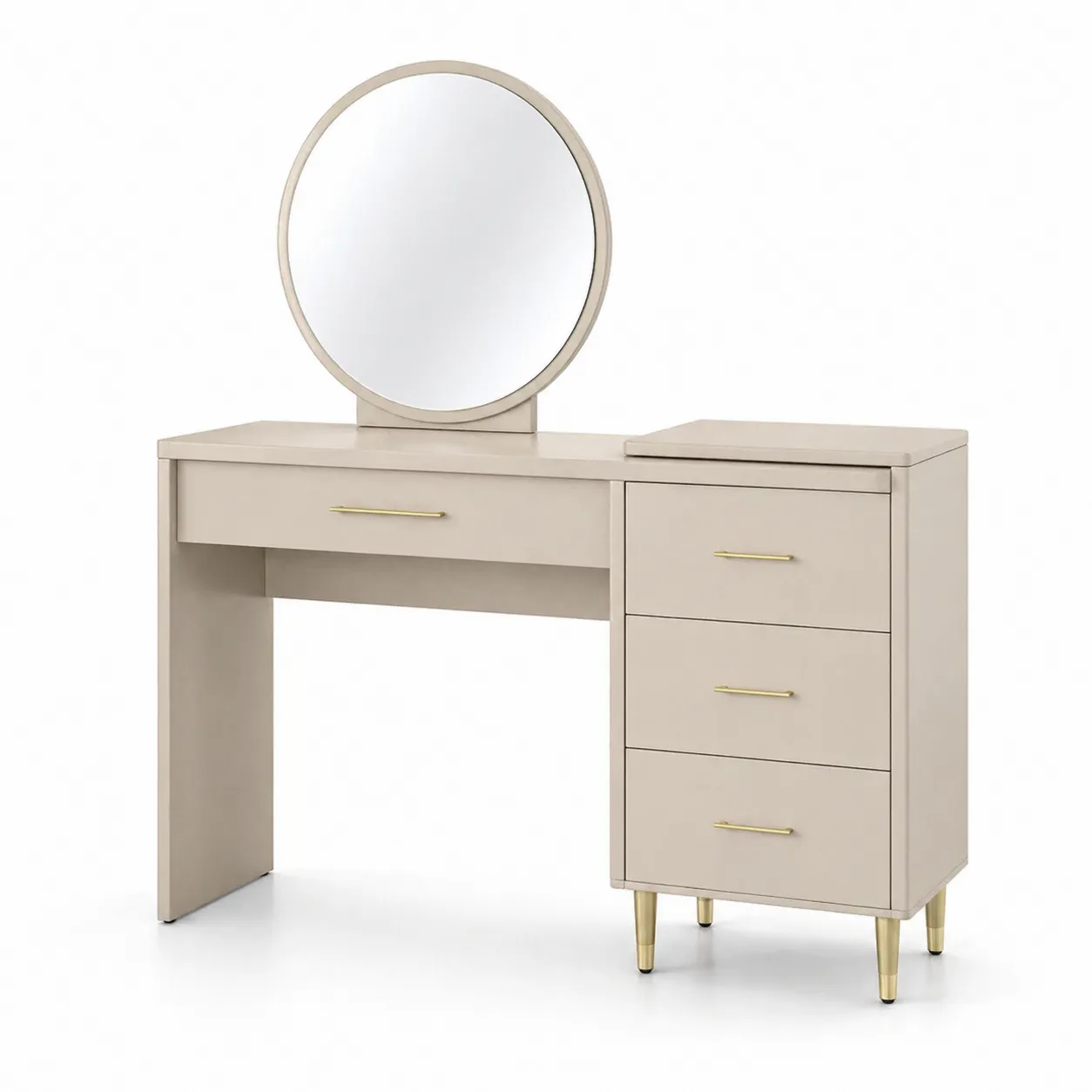 Toletta con Specchio Rotondo in Legno e Metallo Beige