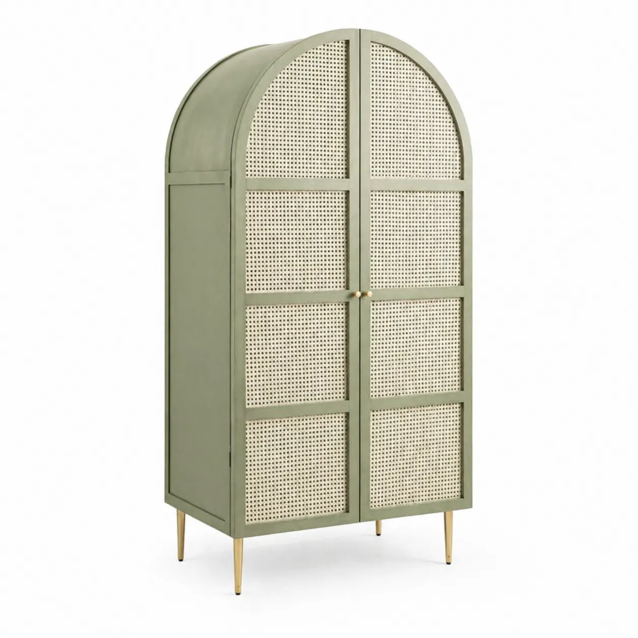 Armadio in Legno e Rattan con Struttura in Metallo Verde