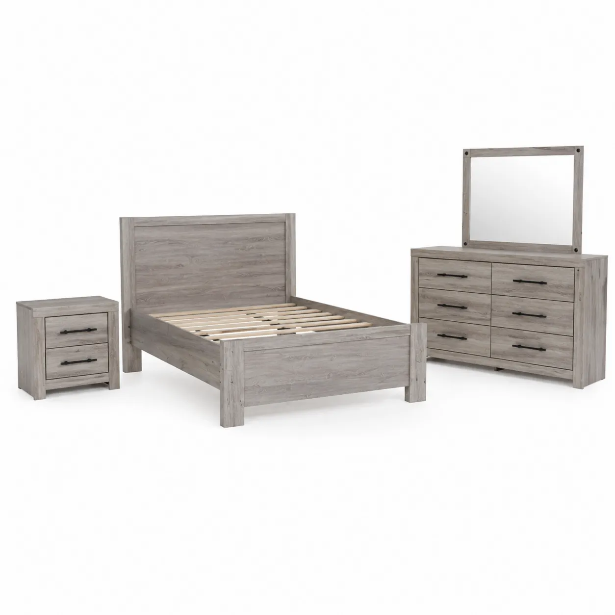 Set Camera Matrimoniale in Legno Grigio con Letto, Comodino e Cassettiera