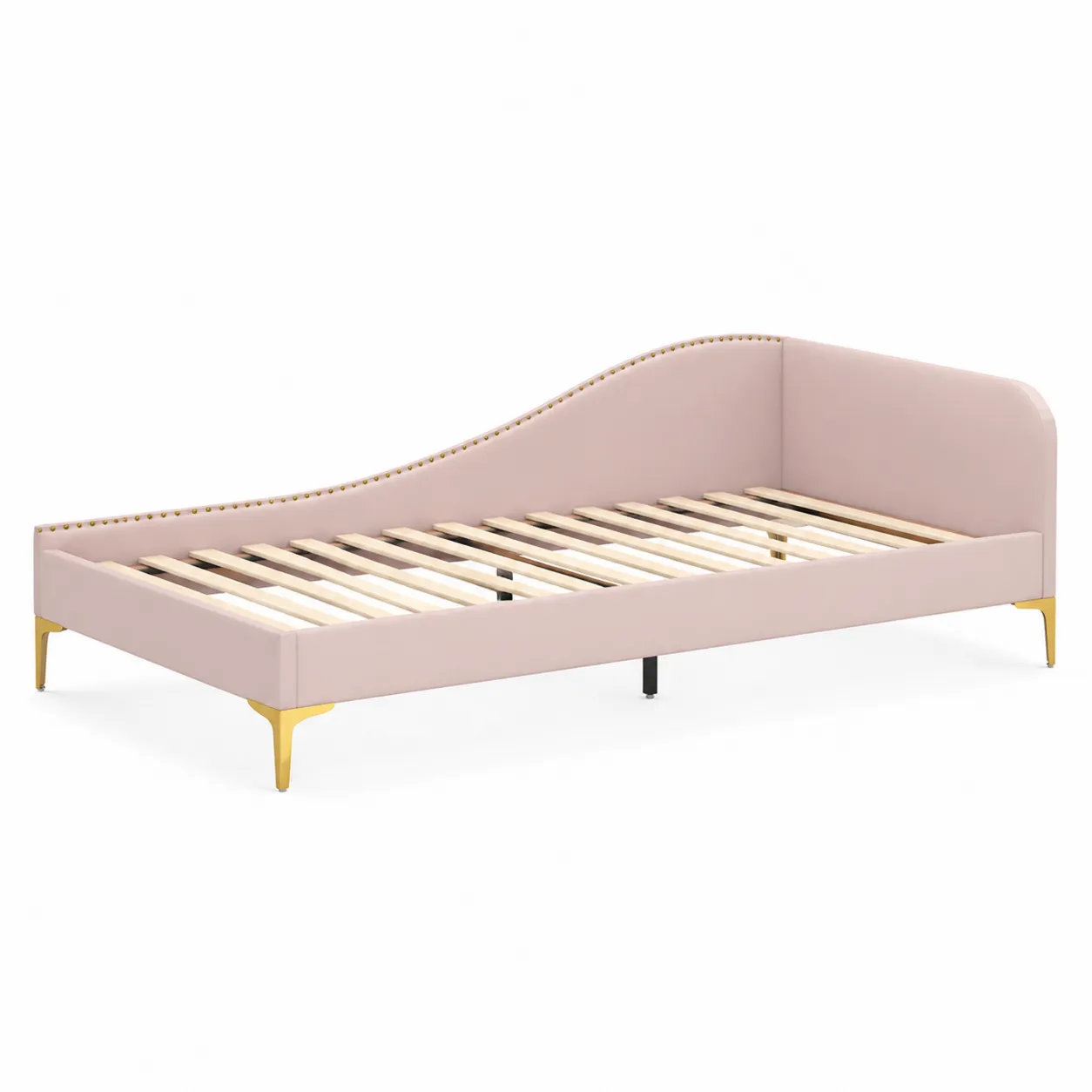Letto singolo imbottito tessuto rosa gambe dorate