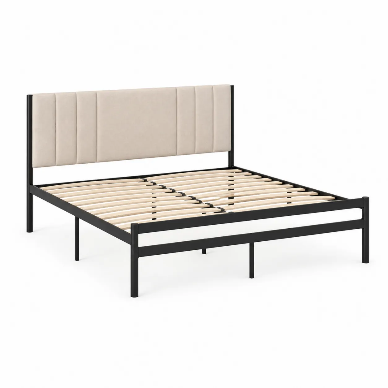 Letto matrimoniale in metallo nero con testiera imbottita tessuto crema, 160x200 cm