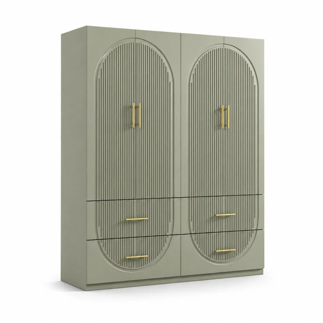 Armadio guardaroba a 4 ante in MDF verde con maniglie dorate
