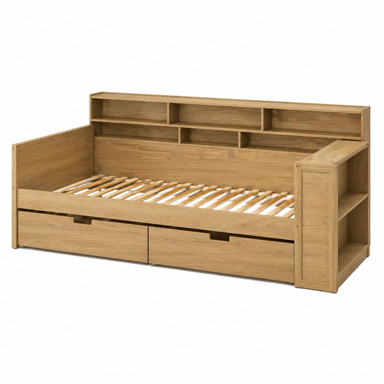 Letto Contenitore in Legno Chiaro con Libreria Integrata