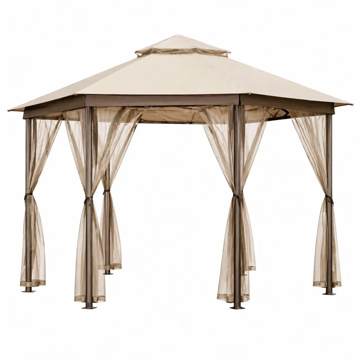 Gazebo Esagonale in Metallo e Poliestere con Tende Beige