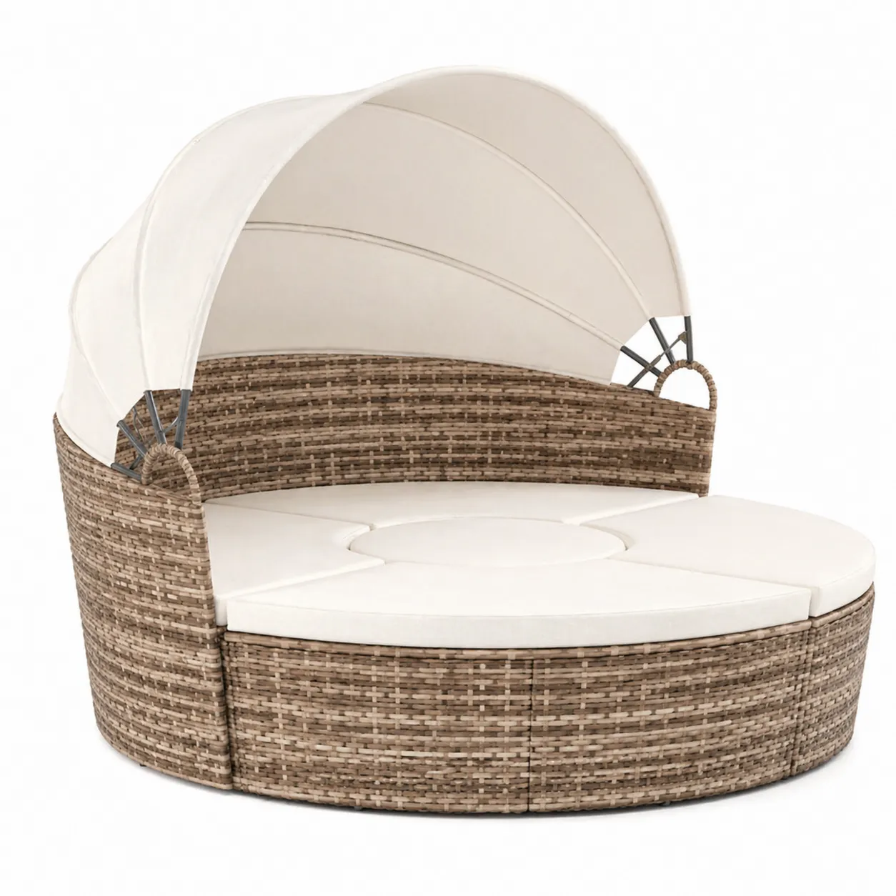 Lettino da Giardino Rotondo in Rattan con Tettuccio in Poliestere