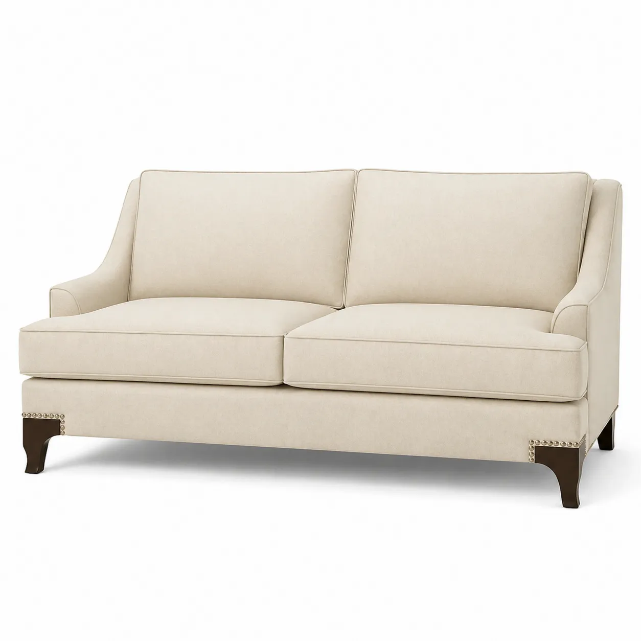 Divano in Tessuto Beige con Dettagli in Legno e Braccioli Curvati