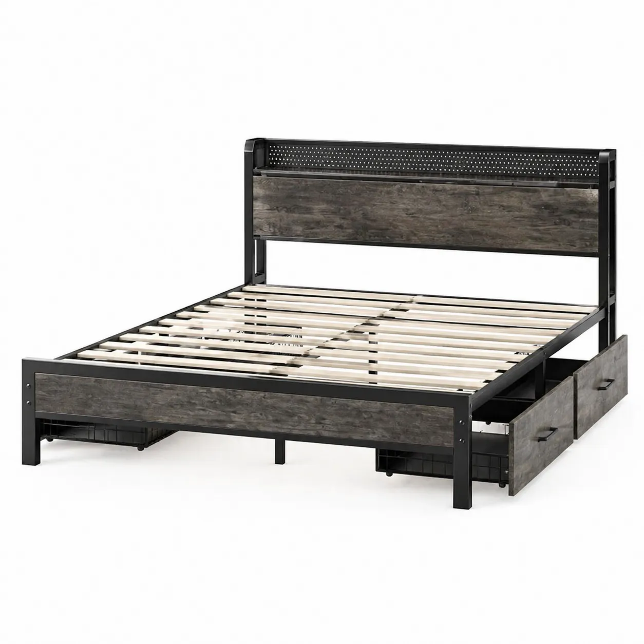 Letto matrimoniale in metallo e legno con cassetti 200x160 cm