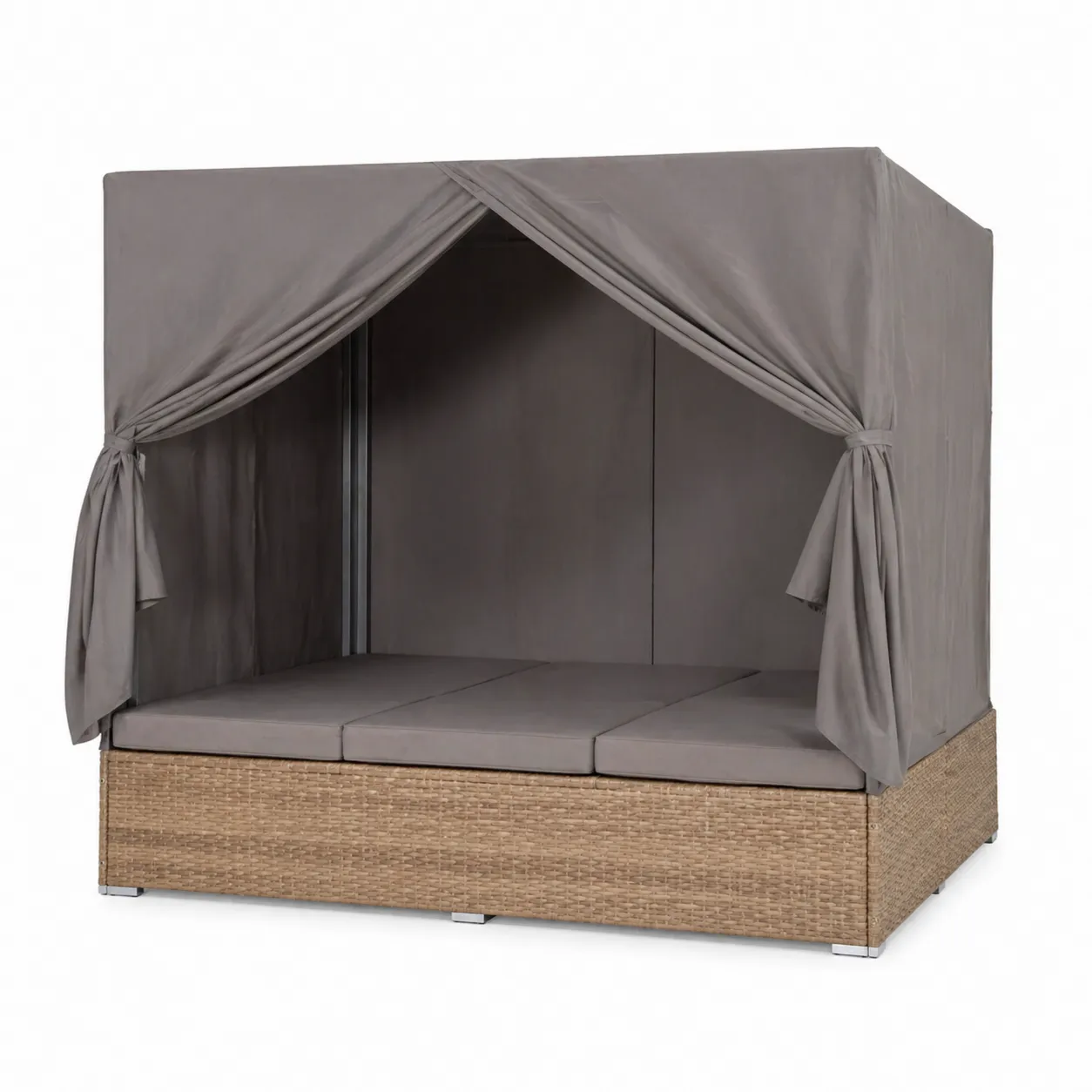 Lettino in rattan sintetico con tenda grigio