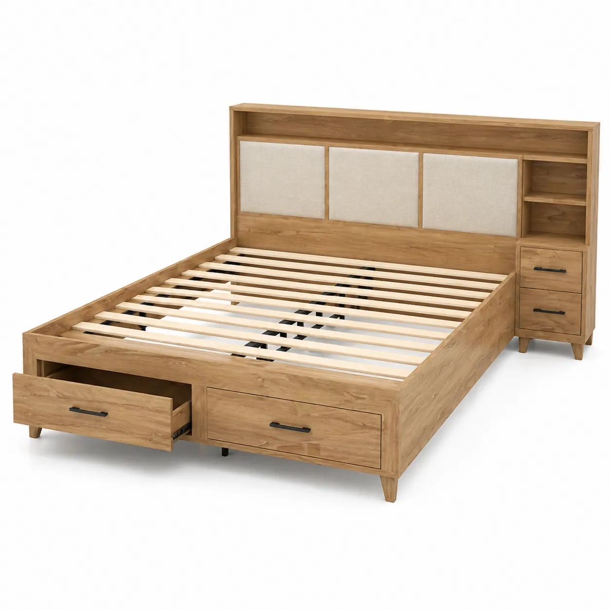 Letto matrimoniale in legno massello con cassetti e mensole