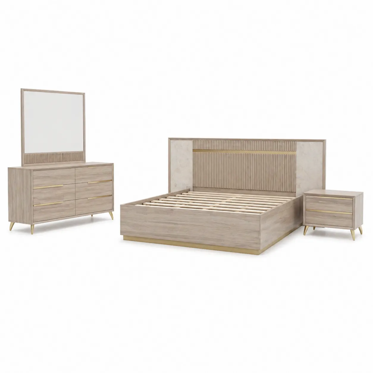 Set Camera in Legno di Quercia con Letto, Comodino e Comò con Specchio, Beige