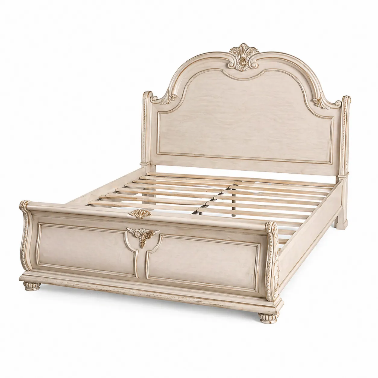 Letto in legno massello bianco crema con dettagli dorati