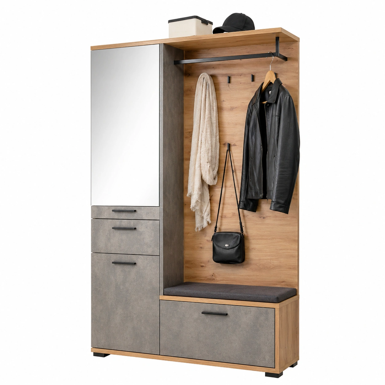 Garderobe mit Sitzbank und Stauraum Eiche Optik modern 117x198x38 cm-orderpavo