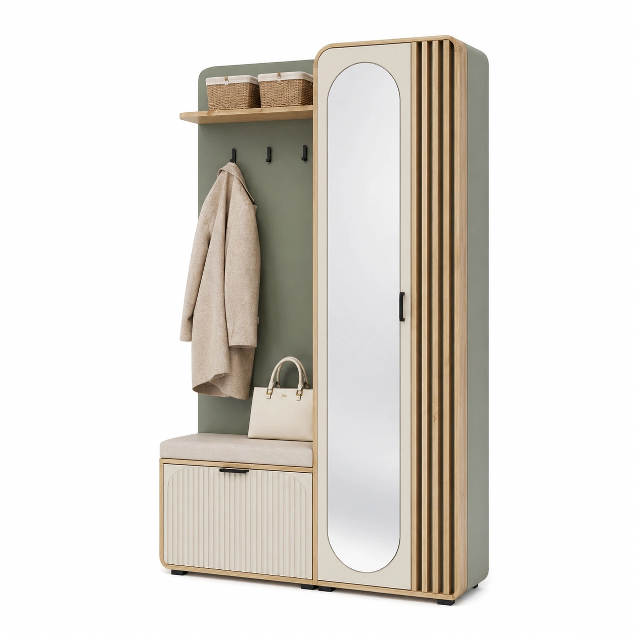 Garderoben Set mit Spiegel, Sitzbank und Stauraum – Modernes Flurmoebel in Salbeigruen Holzoptik B/H/T ca. 114x197x40 cm-orderpavo