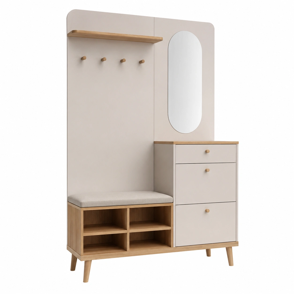 Kompaktgarderobe mit Sitzbank und Spiegel – Beige/Eiche Optik – Modernes Flurmobel 110x34x200 cm-orderpavo