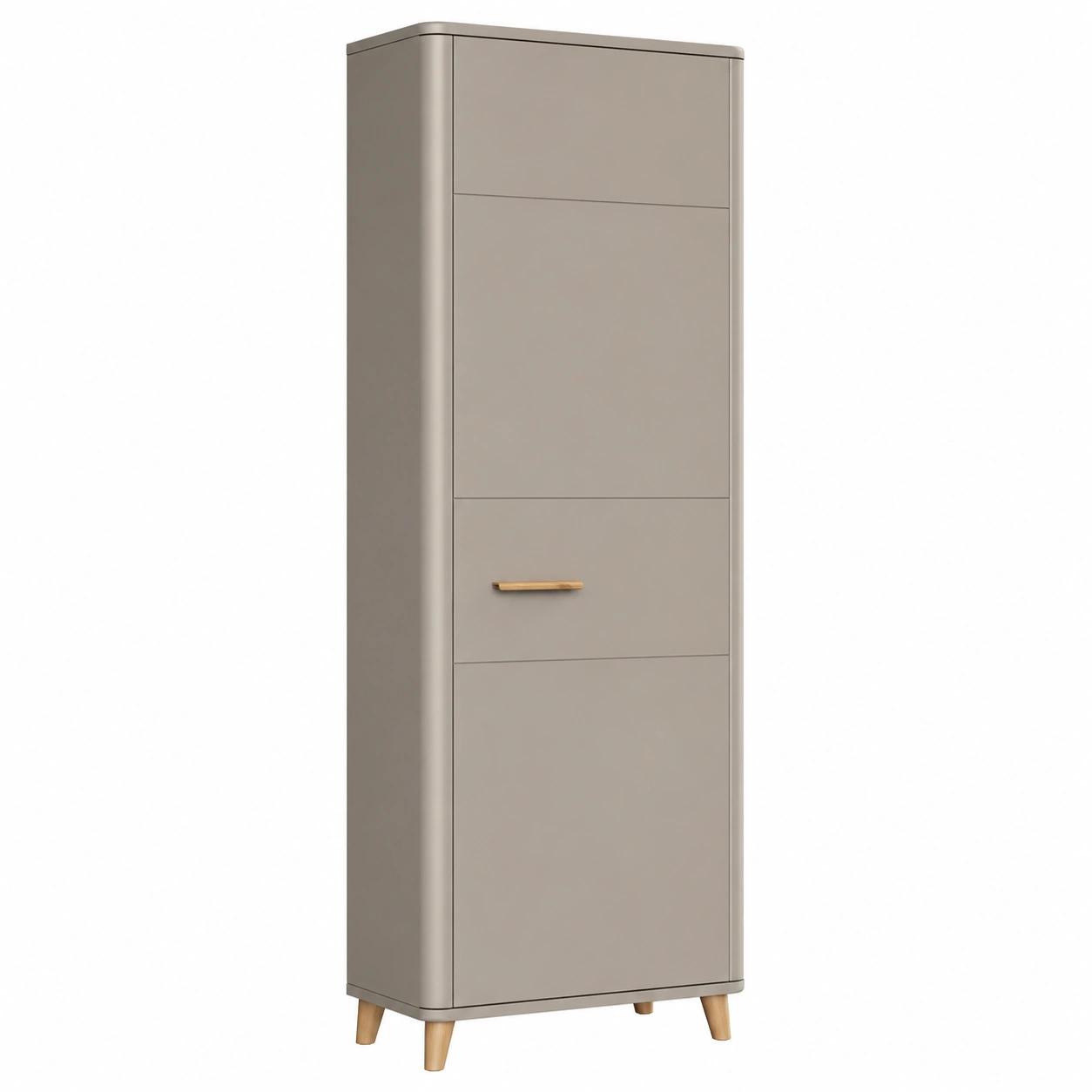 Moderner Garderobenschrank in Taupe mit abgerundeten Kanten und Holzgriffen-orderpavo