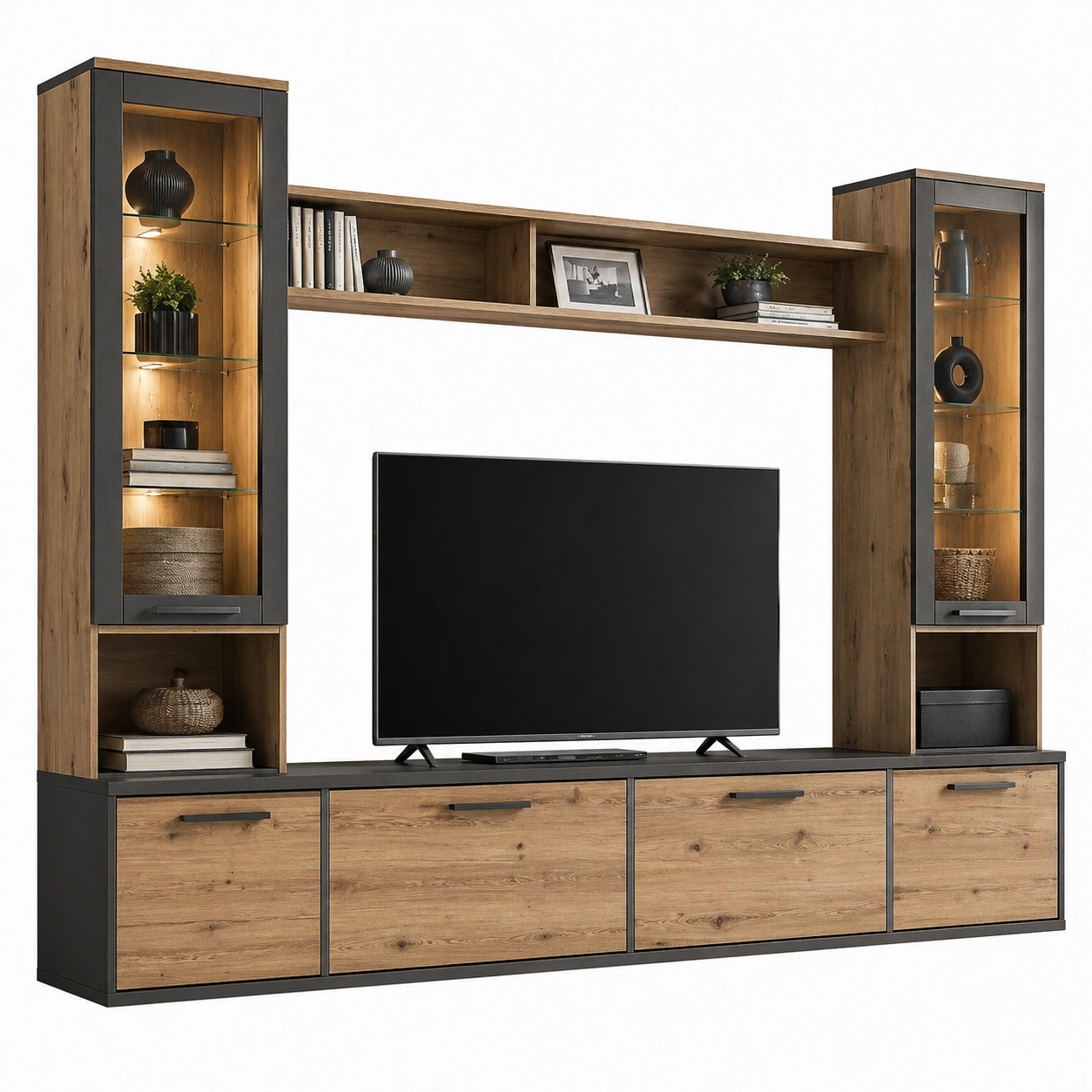 Moderne Wohnwand in Eiche Natur & Anthrazit – Industrial Design mit LED-Optik-orderpavo