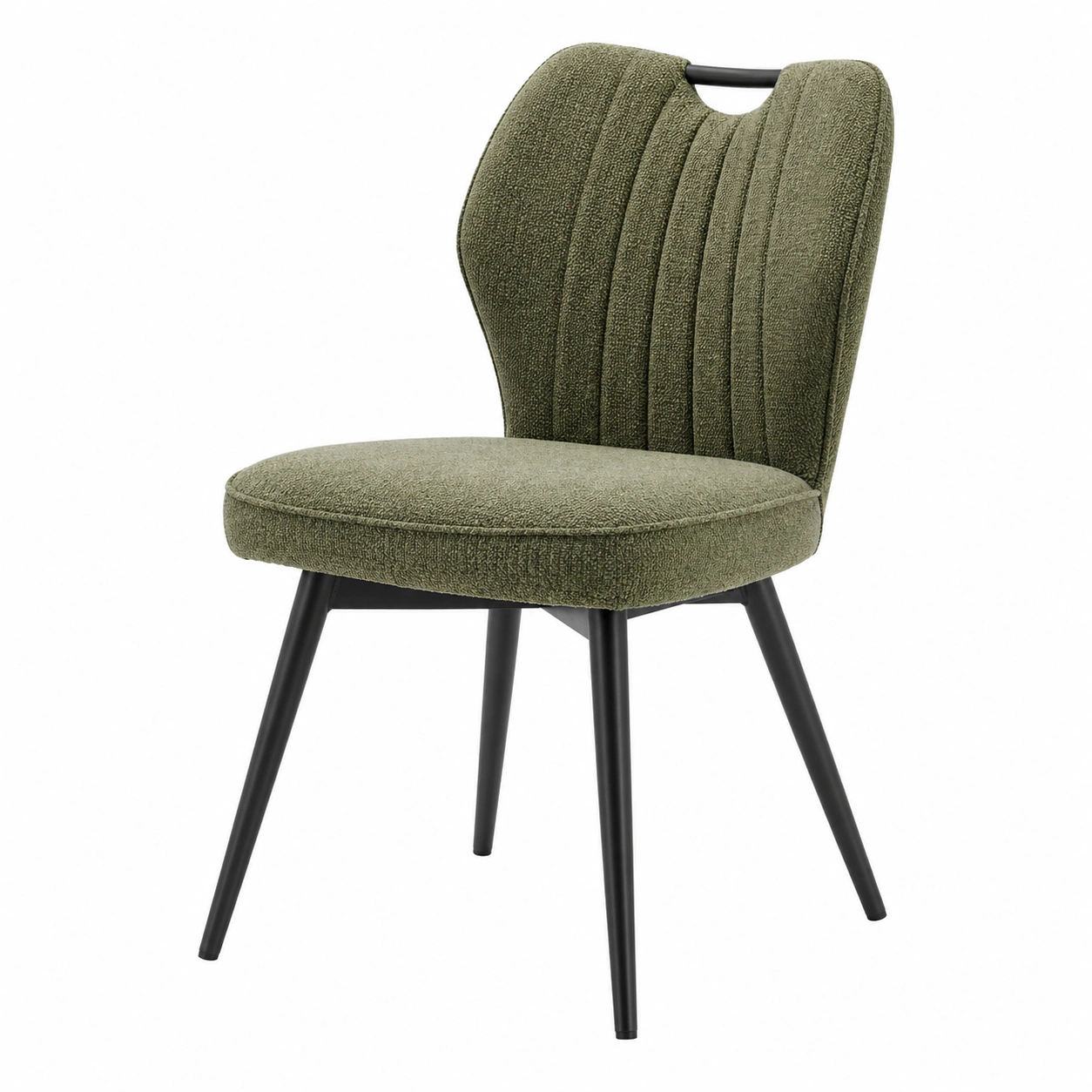 Moderner Polsterstuhl mit strukturierter Rueckenlehne und ergonomischer Form in Olivgruen, Metallbeine, Esszimmerstuhl skandinavischer Stil-ordertavo