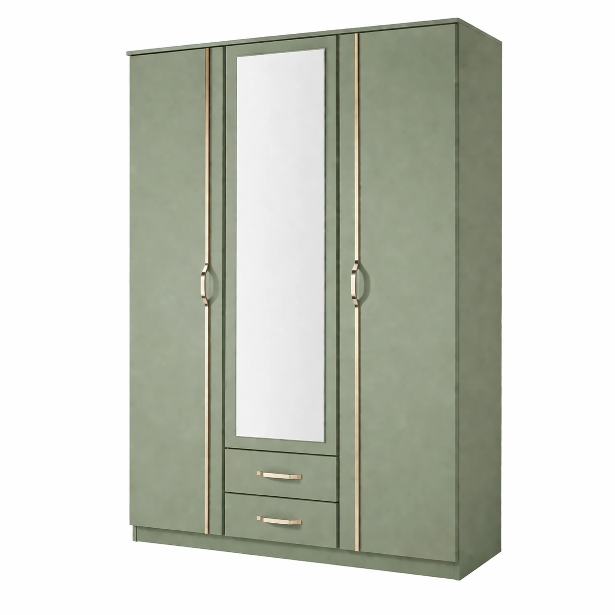 Moderner 3-Tueriger Kleiderschrank mit Spiegel und Schubladen – Salbeigruen/Gold – 135x58x198 cm-ordertavo