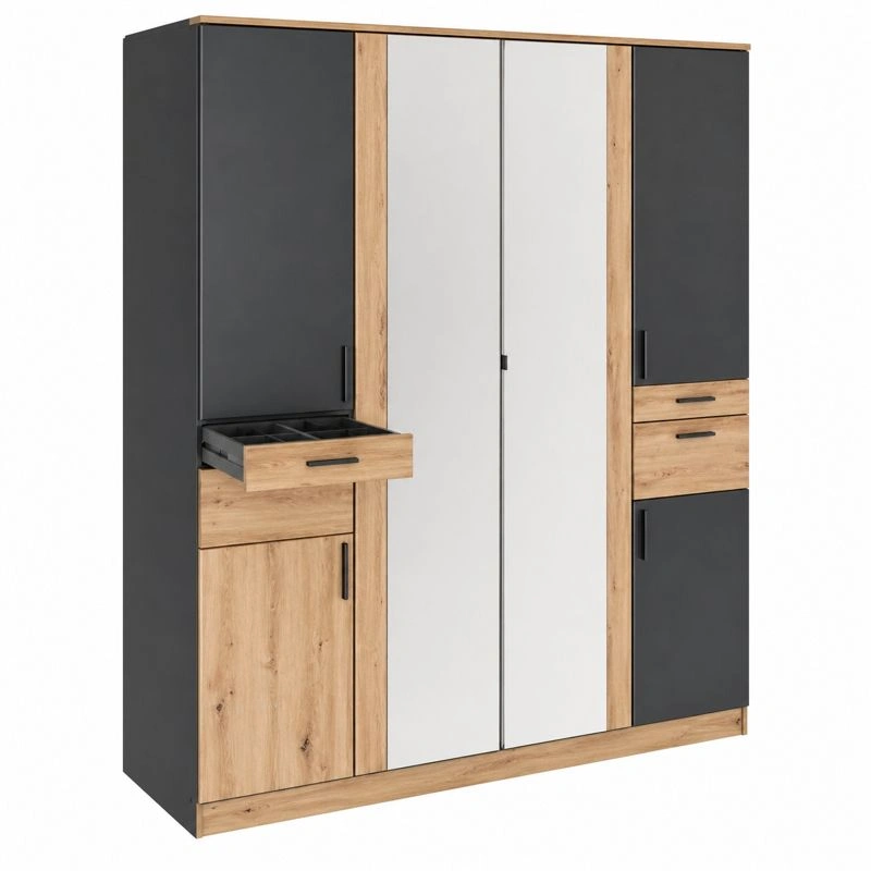 Moderner Kleiderschrank mit Spiegel Tueren Stauraum Schubladen Eiche Optik Anthrazit 180x198x58 cm-ordertavo