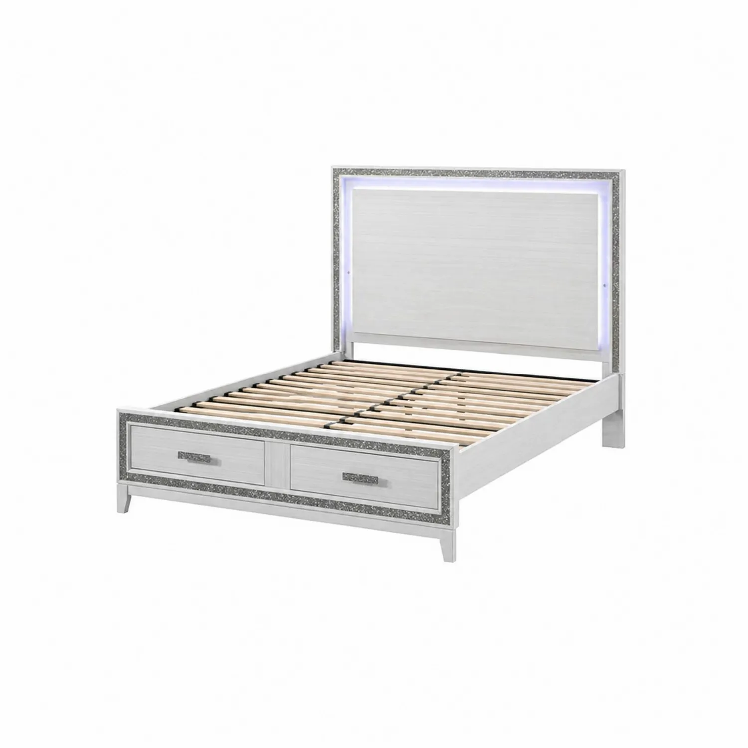 Łóżko pełnowymiarowe z szufladami i oświetleniem LED, biało-srebrne, 200x160 cm