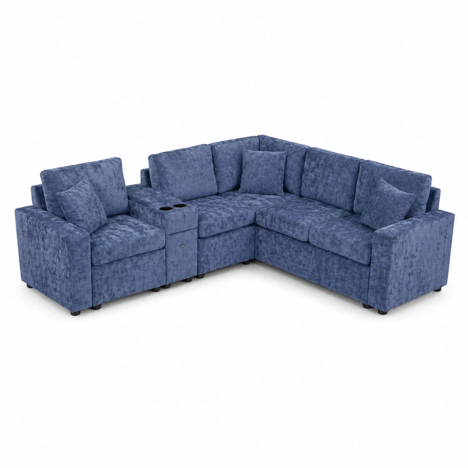 Narożnik modułowy welurowy niebieski z uchwytami na kubki 250x250 cm