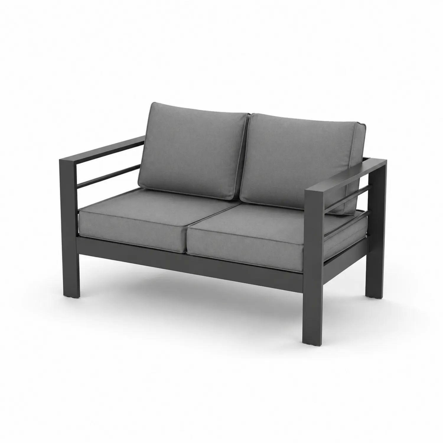 Dwuosobowa sofa aluminiowa z szarymi poduszkami