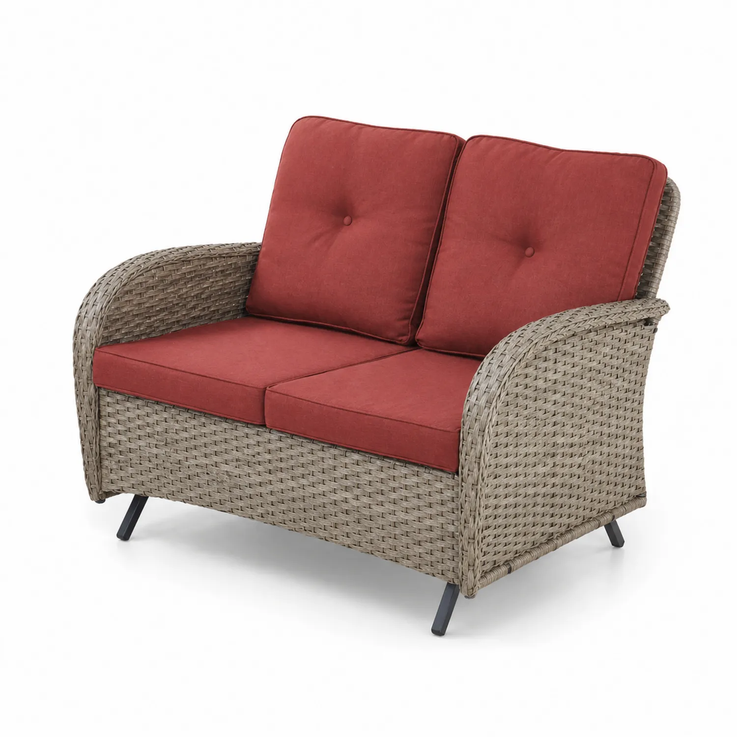Sofa dwuosobowa z technorattanu z czerwonymi poduszkami