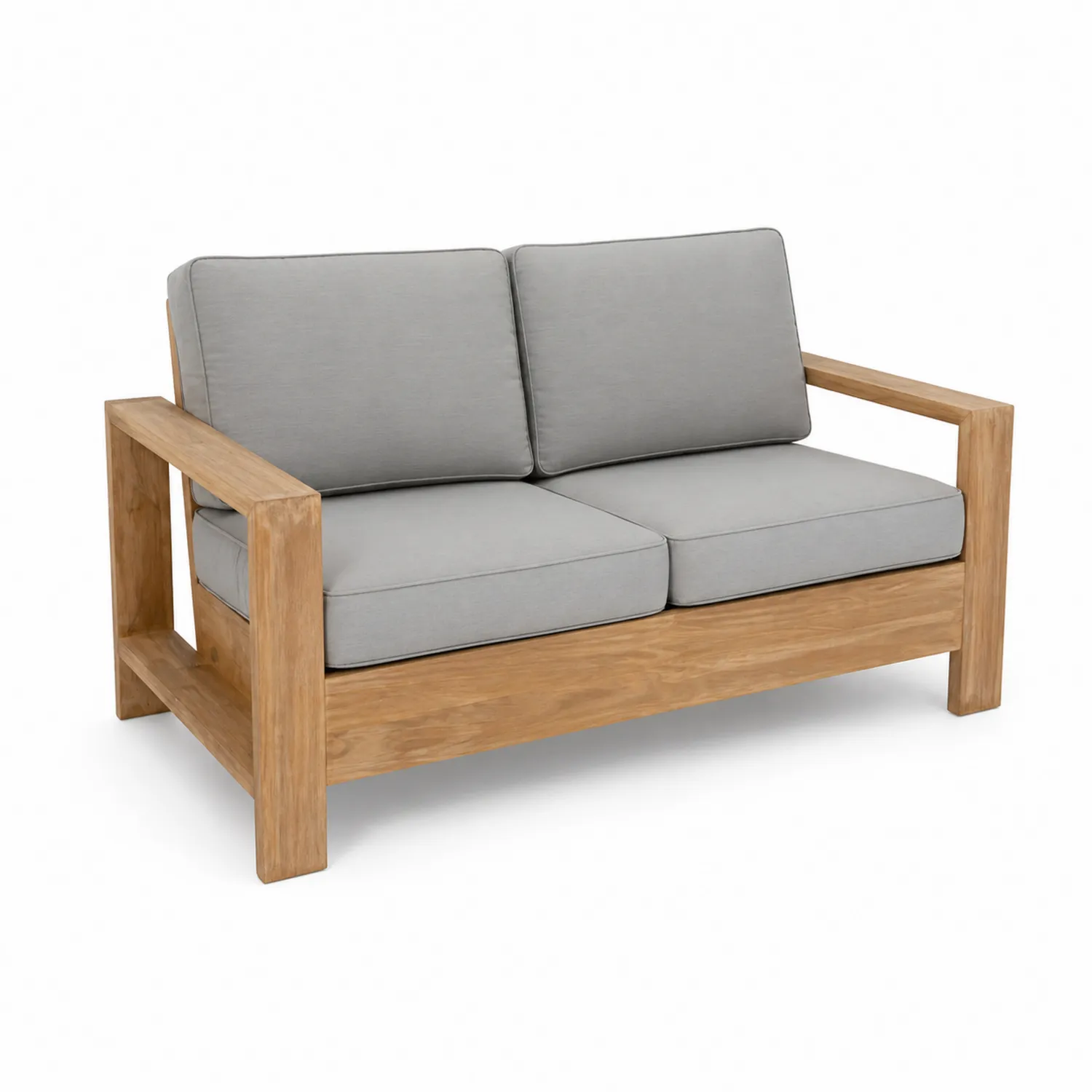 Dwuosobowa sofa z drewnianą ramą i szarymi poduszkami