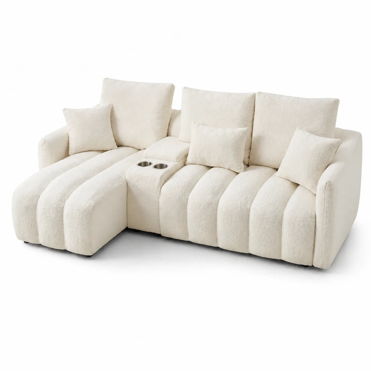 Sofa Pluszowa Kremowa z Poduszkami i Uchwytami na Kubki