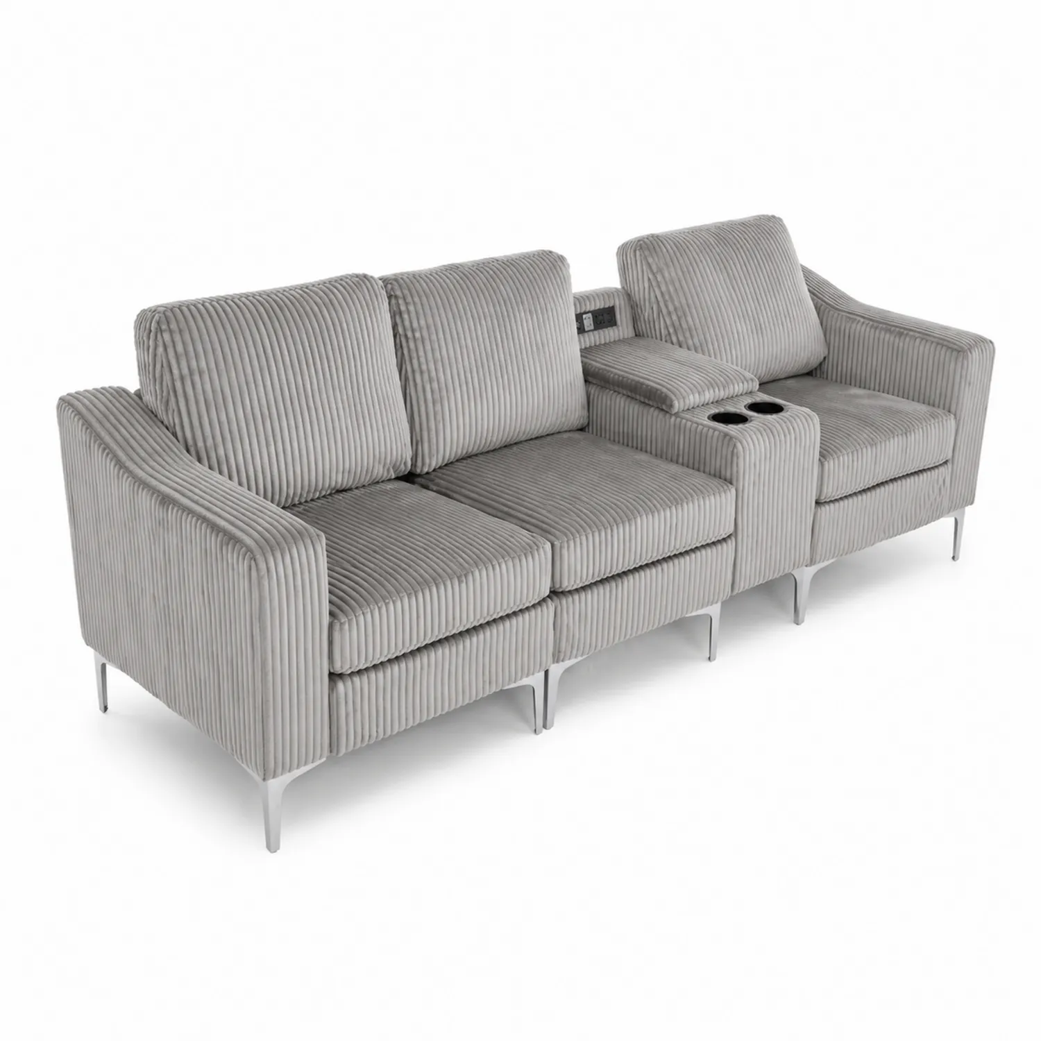 Sofa modułowa szara z podłokietnikiem i uchwytami na kubki