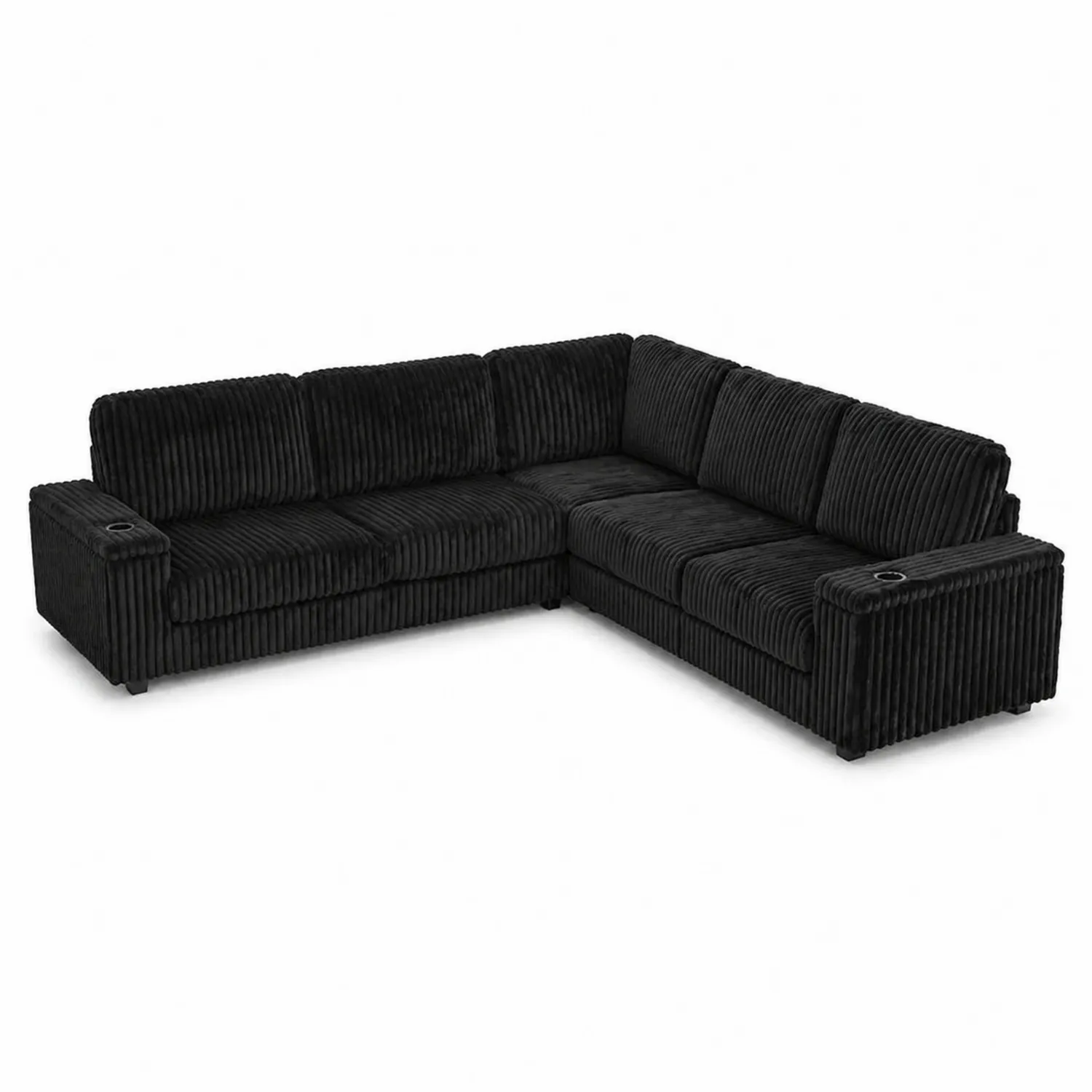 Sofa narożna z weluru czarna z uchwytami na napoje 300x240 cm
