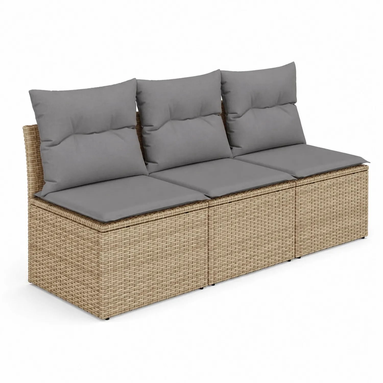 Sofa trzyosobowa z technorattanu z szarymi poduszkami