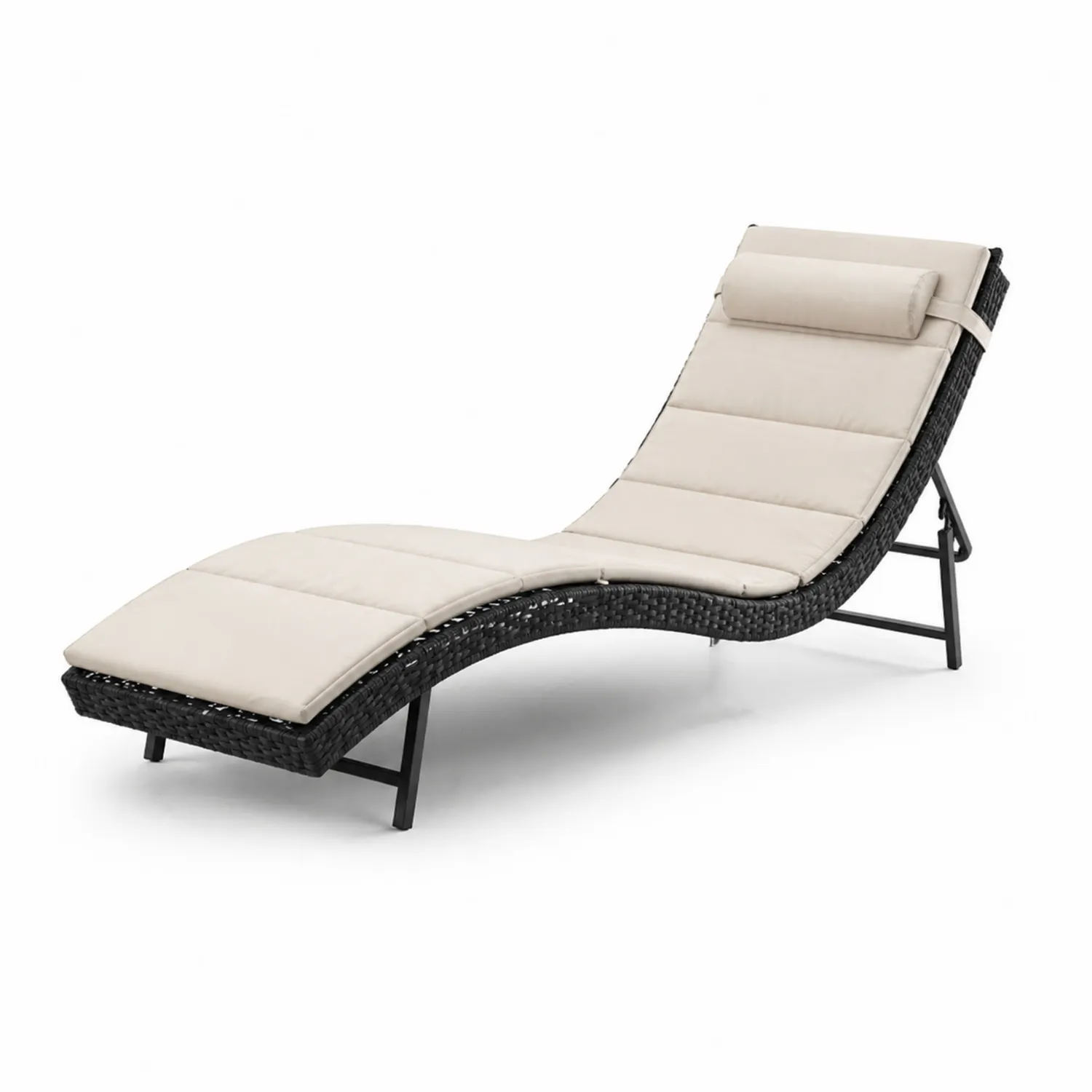 Chaise Longue de Jardin en Rotin avec Coussin Réglable Beige